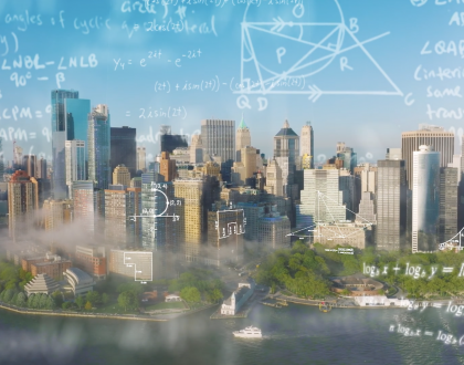 Geometry is Everywhere. Geometry equations shown over city skyline.