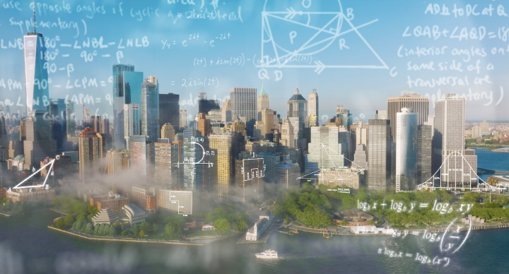 Geometry is Everywhere. Geometry equations shown over city skyline.